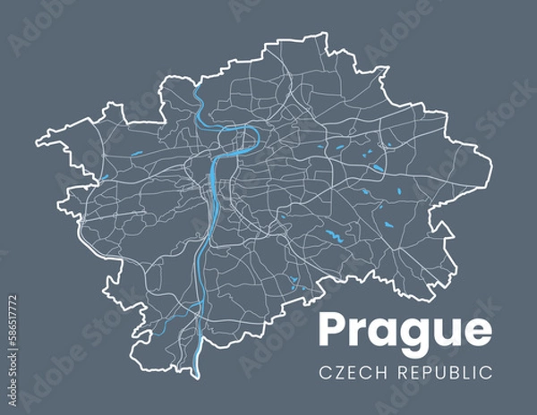 Fototapeta Detailed map of Prague - the capital of Czech Republic - Urban borders map. Light stroke version on dark background of Praha City poster with streets and Vltava River.