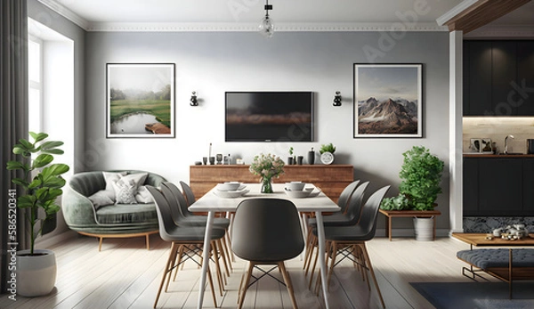 Fototapeta Open space living and dining room interior with flat tv, grey sofa and wooden table with trendy chairs, generative ai