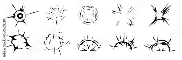 Fototapeta Explosion burst dust, power bombs explode effect. Isolated symbols graphic vector set. Radial explosion silhouette. Exploding bursts, round explosions cloud and exploded bomb effect black silhouettes.