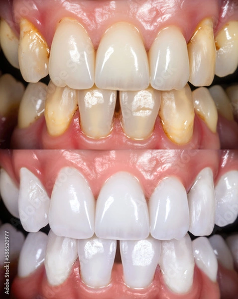 Fototapeta Professional teeth whitening and cleaning, before and after results. Created with Generative AI technology.