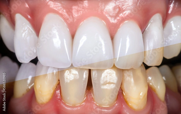Fototapeta Professional teeth bleaching and cleaning, before and after results. Created with Generative AI technology.