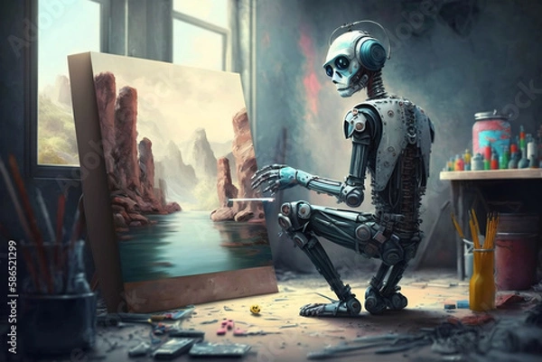 Obraz future artificial intelligence robots paint with perfect bodies, Generative AI