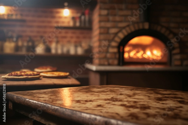 Fototapeta Wooden table for product pizza display, pizza oven, generative AI
