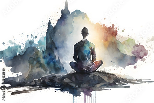 Fototapeta Watercolor illustration of a meditating man. Generative Ai

