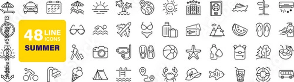 Obraz Summer set of web icons in line style. Summer vacation icons for web and mobile app. Travel, beach, tourism, summer holidays, hotel, relax, beach, luggage, passport, sunglasses. Vector illustration
