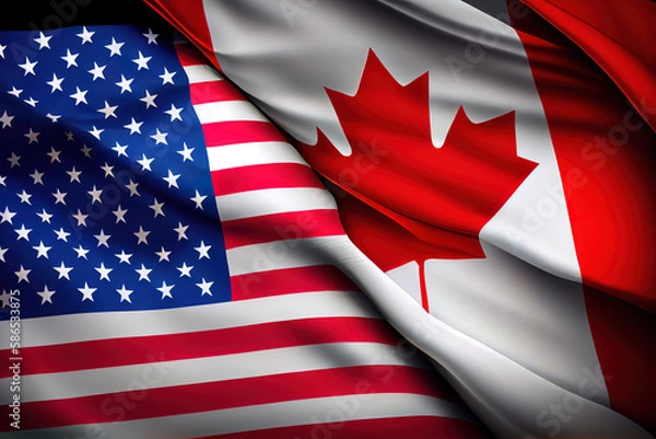 Fototapeta American and canadian flags together. Generative Ai