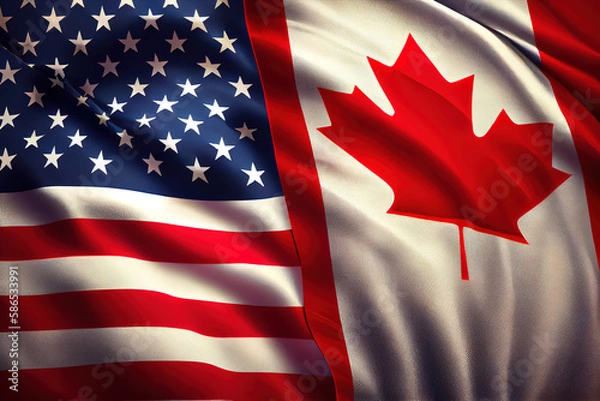 Fototapeta American and canadian flags together. Generative Ai