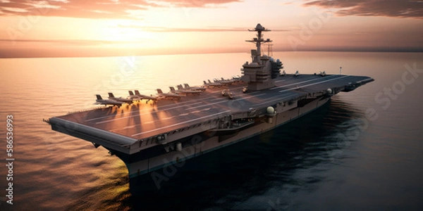 Obraz Aerial View of Majestic Aircraft Carrier Sailing Through High Seas at Sunset, Generative AI