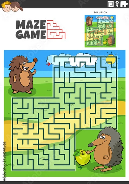 Fototapeta maze game with cartoon hedgehogs animal characters