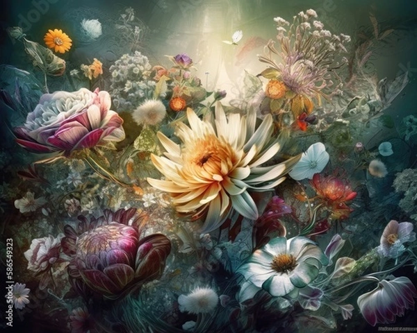 Fototapeta bouquet of colorful fantasy flowers. Floral background. Floral wallpaper or greeting card.Artificial Flowers wall background with flowers. Backdrop of colorful blossoms. Generative AI.