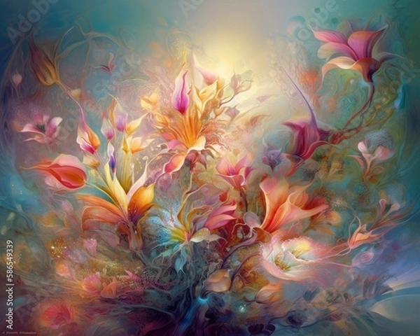 Fototapeta bouquet of colorful fantasy flowers. Floral background. Floral wallpaper or greeting card.Artificial Flowers wall background with flowers. Backdrop of colorful blossoms. Generative AI.