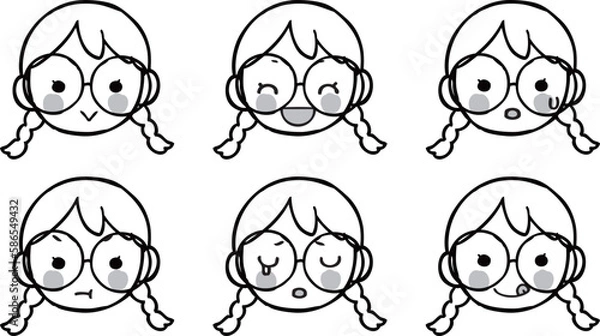 Obraz いろいろな表情の眼鏡の女の子のイラストセット　モノクロ