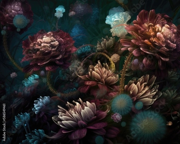 Fototapeta bouquet of colorful fantasy flowers. Floral background. Floral wallpaper or greeting card.Artificial Flowers wall background with flowers. Backdrop of colorful blossoms. Generative AI.
