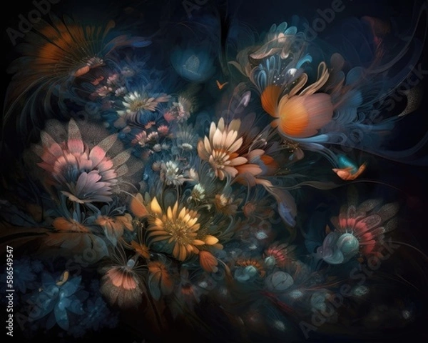Fototapeta bouquet of colorful fantasy flowers. Floral background. Floral wallpaper or greeting card.Artificial Flowers wall background with flowers. Backdrop of colorful blossoms. Generative AI.