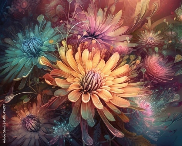 Fototapeta bouquet of colorful fantasy flowers. Floral background. Floral wallpaper or greeting card.Artificial Flowers wall background with flowers. Backdrop of colorful blossoms. Generative AI.