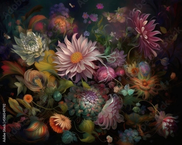 Fototapeta bouquet of colorful fantasy flowers. Floral background. Floral wallpaper or greeting card.Artificial Flowers wall background with flowers. Backdrop of colorful blossoms. Generative AI.