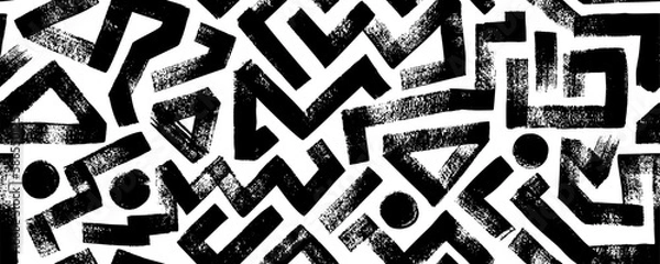 Fototapeta Grunge seamless pattern with zigzag lines, triangles and dots. Hand drawn bold geometric shapes. Modern stylish texture with labyrinth motif. Vector ink Illustration. Repeating geometric pattern. 