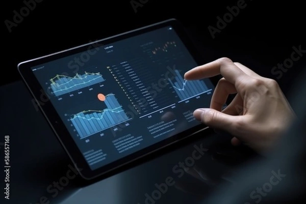 Fototapeta Tablet illustration with chart on screen, human hand, data analysis concept, dark blue background. Generative AI
