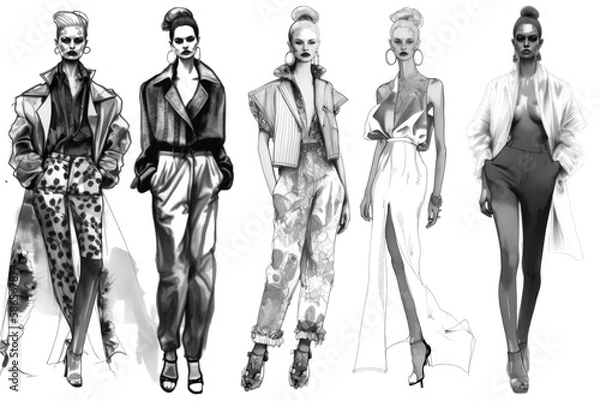Fototapeta A fashion designer brings style to life in amazing hand-drawn dress sketches, capturing unique patterns and elegant concepts with the stroke of a pen. Generative AI	