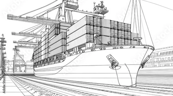 Fototapeta Intricate concept sketches of a container ship transporter, masterfully drawn in ink and pencil, reveal the detailed artistry and engineering behind modern maritime logistics. Generative AI