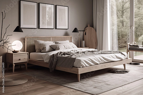 Fototapeta Nordic bedroom with modern design and furniture