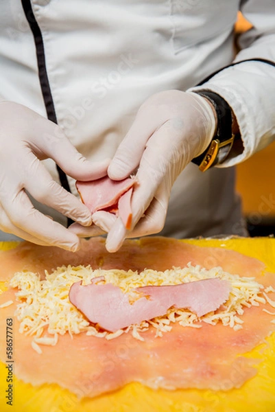 Obraz Step-by-step cooking cutlet with cheese and turkey with chicken breading from the chef