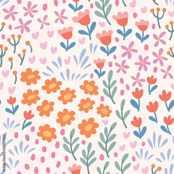 Fototapeta Floral vector seamless pattern. Delicate botanical wallpaper. Repeatable background with leaves.