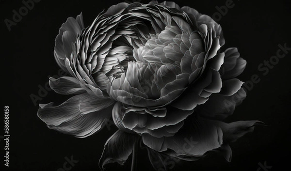 Fototapeta  a black and white photo of a large peonie in bloom on a black background with a soft focus on the center of the peonie.  generative ai