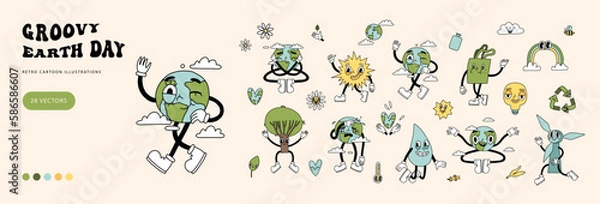 Fototapeta Groovy y2k retro eco cartoon elements set. Happy earth day ecology sticker design collection. Environment day trendy graphic. Isolated on white background. Ecological vector illustration