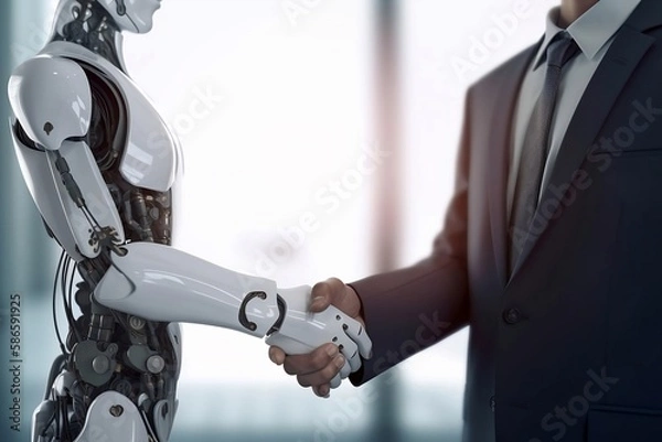 Fototapeta Artificial intelligence, AI, humanoid robot shaking hands with professional in modern office