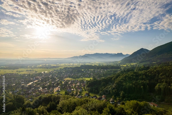 Fototapeta beautiful drone view of Bad Feilnbach in bavaria in the early morning with sunrise