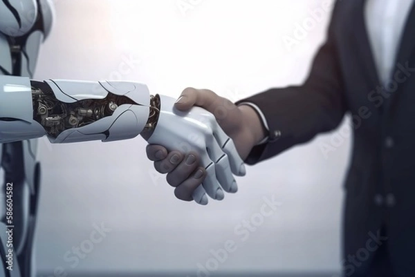 Fototapeta Artificial intelligence (AI) in action: humanoid robot shaking hands with human in professional office setting, machine learning, futuristic technology
