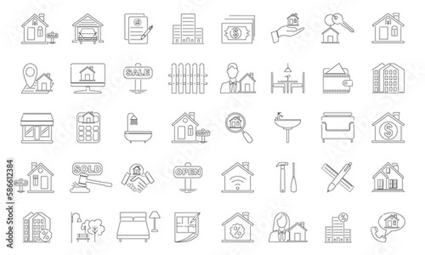 Fototapeta Real estate vector icon set. Included line icons such as home, building, insurance, condotel, and many more. Outline icons collection with simple vector illustration.