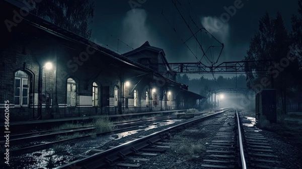 Fototapeta Horror railway station in dark and scary atmosphere created with Generative AI