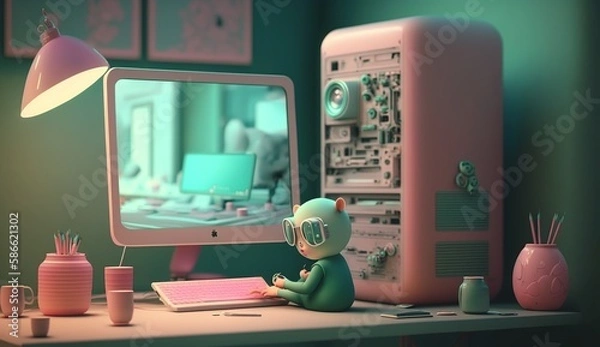 Fototapeta  Illustration of character working from home- AI generative