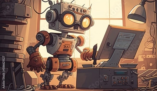 Fototapeta Illustration of robot working on the computer - AI generative