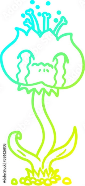 Fototapeta cold gradient line drawing cartoon flower crying