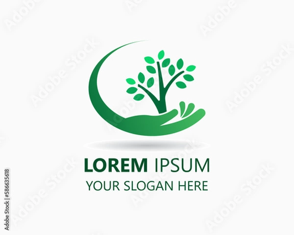 Fototapeta save nature logo design template. combine hand and tree icon vector