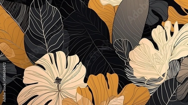 Fototapeta Modern three-color tropical floral pattern featuring a unique golden ratio composition, blending hand-drawn botanical elements and contemporary abstract design for a seamless print. Conceived by AI.