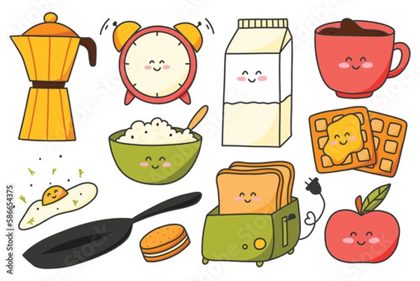 Fototapeta Set of good morning elements in kawaii style. Vector illustration. Collection of food for breakfast in cartoon style.
