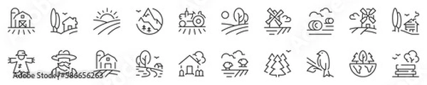 Fototapeta Line icons about countryside and landscape. Thin line icon set. Symbol collection in transparent background. Editable vector stroke. 512x512 Pixel Perfect.