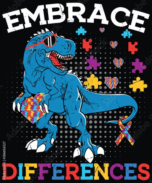 Obraz Dinosaur Puzzle Piece Autism Awareness For Boys Kids T-Shirt design. Autism Awareness Day T-Shirt Design Template, Illustration, Vector graphics, Autism Shirt, T-Shirt Design. autistic design, autism 
