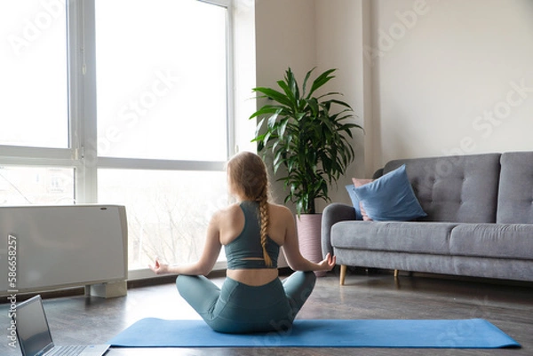 Obraz View from the back of a young girl meditating in the lotus position. Healthy lifestyle.