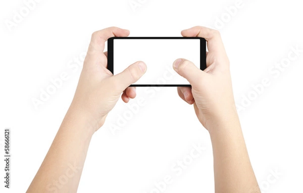 Obraz Two hands playing on smart phone, isolated