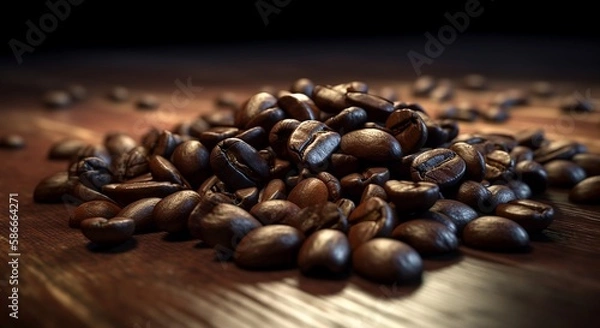 Fototapeta Freshly roasted coffee beans spread on wooden table in cozy coffee shop, print as poster approx. 49w x 26h cm, 300dpi, 3d render, AI Generative