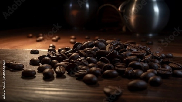 Fototapeta Freshly roasted coffee beans spread on wooden table in cozy coffee shop, print as poster approx. 49w x 26h cm, 300dpi, 3d render, AI Generative