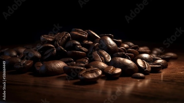 Fototapeta Freshly roasted coffee beans spread on wooden table in cozy coffee shop, print as poster approx. 49w x 26h cm, 300dpi, 3d render, AI Generative