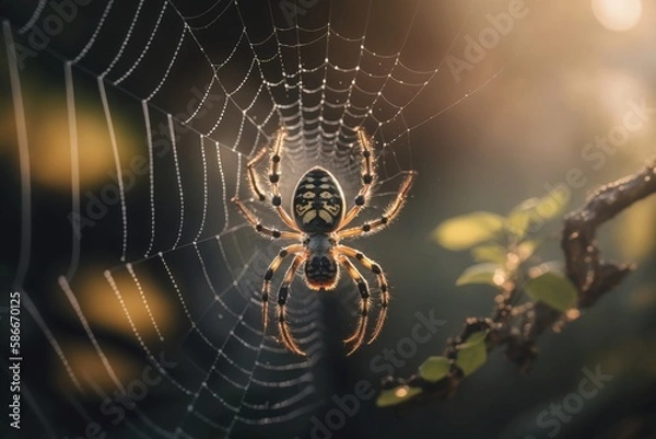 Fototapeta close up of spider spinning web blurred background created with Generative AI technology