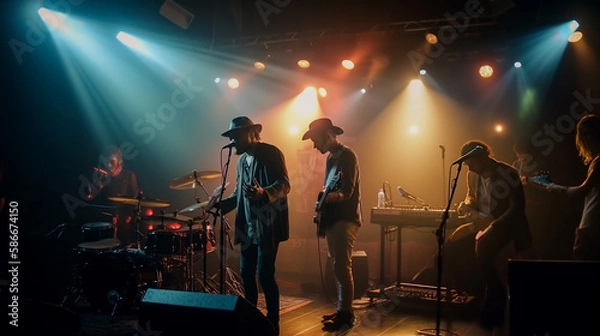 Fototapeta group of musicians performing on stage under colorful lights