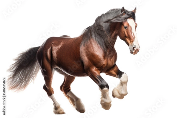 Fototapeta an isolated brown palomino horse running, jumping, side view portrait, equestrian-themed photorealistic illustration on a transparent background cutout in PNG, Generative AI